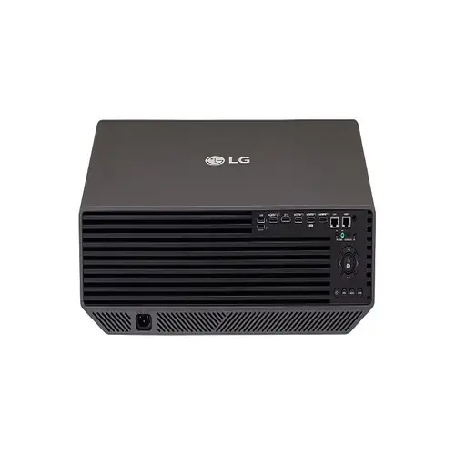 Rear view of the BU70QGA projector showing the professional input panel with HDBaseT, LAN, and multiple HDMI connections.