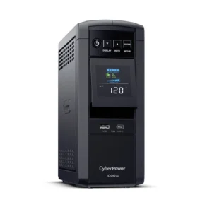 Front view of the 1000VA TAA tower UPS showing the multifunction color LCD, power button, and high-speed USB charging interface.