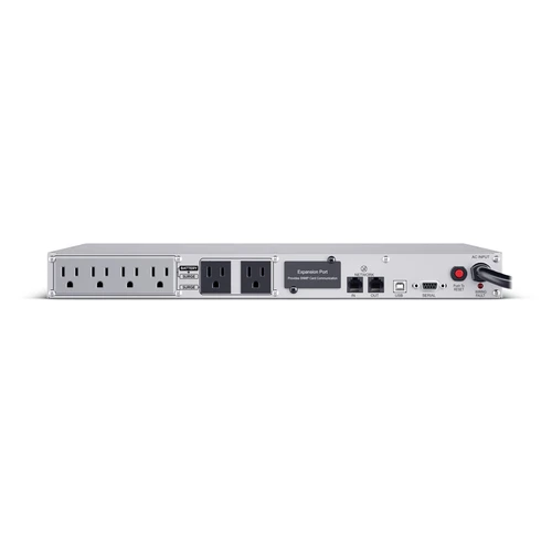 Rear view showing 6 NEMA 5-15R outlets, serial/USB ports, and the 1U cooling fan exhaust.