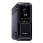 Front view of a 1350VA Intelligent LCD mini-tower UPS featuring a tilted color display and dual front USB charging ports.