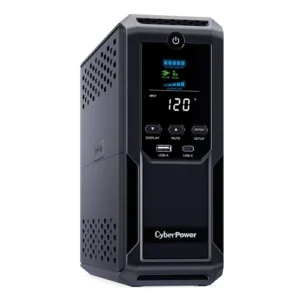 Front view of a 1350VA Intelligent LCD mini-tower UPS featuring a tilted color display and dual front USB charging ports.