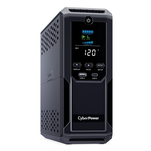 Front view of a 1350VA Intelligent LCD mini-tower UPS featuring a tilted color display and dual front USB charging ports.