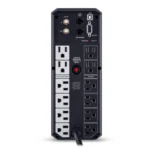 Rear view showing 12 NEMA 5-15R outlets (6 battery, 6 surge), a USB port, and the circuit breaker reset switch.