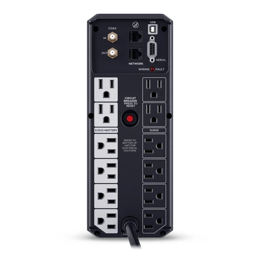 Rear view showing 12 NEMA 5-15R outlets (6 battery, 6 surge), a USB port, and the circuit breaker reset switch.