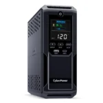 Front view of a 1500VA Intelligent LCD mini-tower UPS featuring a tilted color display and dual USB charging ports.