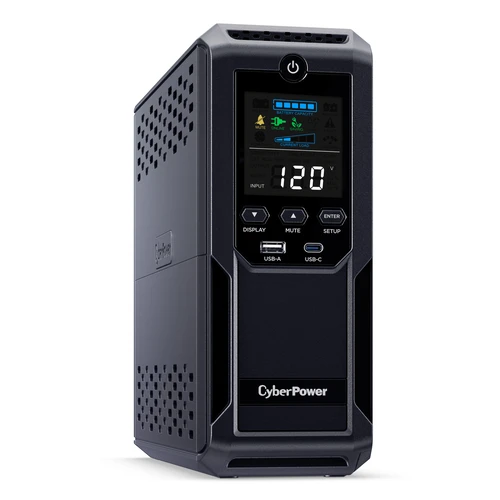 Front view of a 1500VA Intelligent LCD mini-tower UPS featuring a tilted color display and dual USB charging ports.