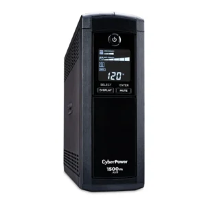 Front view of a TAA-compliant mini-tower UPS featuring a blue multifunction LCD screen and a professional matte black finish.
