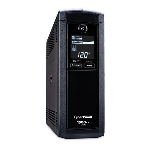 Front view of a TAA-compliant mini-tower UPS featuring a blue multifunction LCD screen and a professional matte black finish.