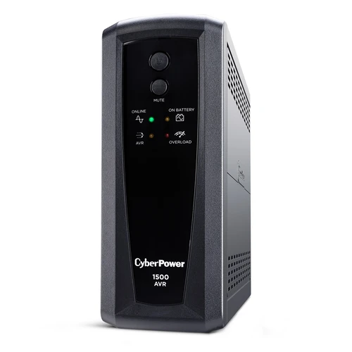 Front view of a 1500VA AVR UPS tower featuring a multi-function LCD panel and a professional matte black finish.