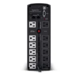 Rear view showing 12 NEMA 5-15R outlets (6 battery-backed, 6 surge-protected) and RJ45/coaxial protection ports.