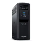 Front view of a 1500VA PFC Sinewave mini-tower UPS featuring a tilted color LCD display and dual USB charging ports (Type-A and Type-C).