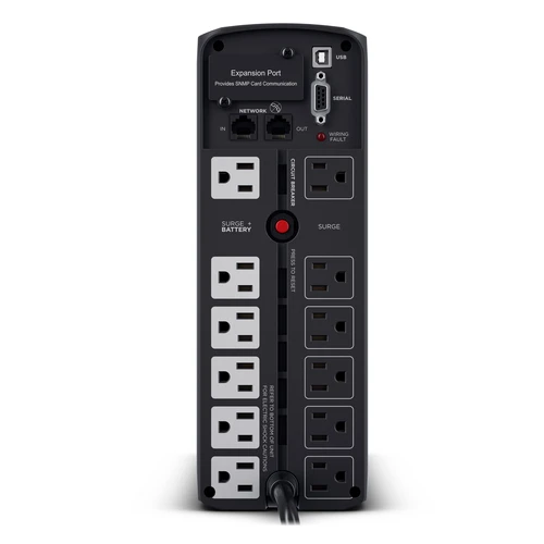 Rear view showing 12 NEMA 5-15R outlets, network protection ports, and the 5-foot power cord with a 45-degree offset plug.