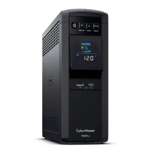Front view of a TAA-compliant mini-tower UPS featuring a tiltable color LCD display and dual USB charging ports (Type-A & Type-C).