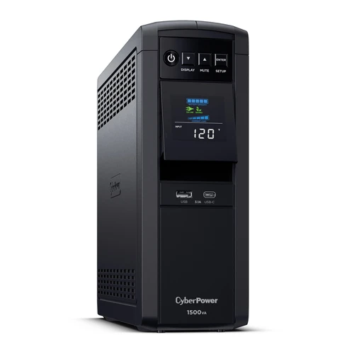 Front view of a TAA-compliant mini-tower UPS featuring a tiltable color LCD display and dual USB charging ports (Type-A & Type-C).