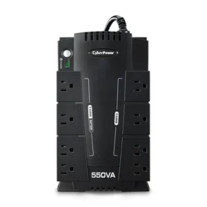 Top/Front view of a compact 550VA UPS featuring 8 NEMA 5-15R outlets (4 battery, 4 surge) and a master power button.