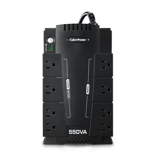 Top/Front view of a compact 550VA UPS featuring 8 NEMA 5-15R outlets (4 battery, 4 surge) and a master power button.