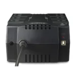 Top/Front view of a compact 550VA UPS featuring 8 NEMA 5-15R outlets (4 battery, 4 surge) and a master power button.