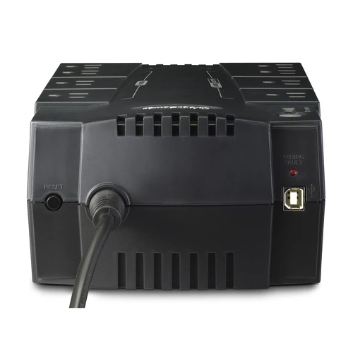 Top/Front view of a compact 550VA UPS featuring 8 NEMA 5-15R outlets (4 battery, 4 surge) and a master power button.
