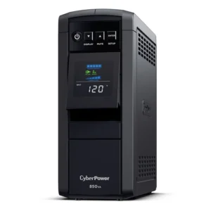 Front view of the PFC Sinewave mini-tower UPS showing the multi-function LCD panel and two USB charging ports.