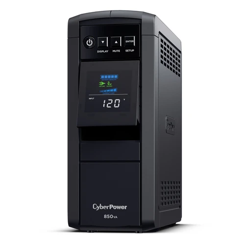 Front view of the PFC Sinewave mini-tower UPS showing the multi-function LCD panel and two USB charging ports.