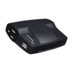 Side view showing the compact, travel-friendly design and the power status indicator LED.