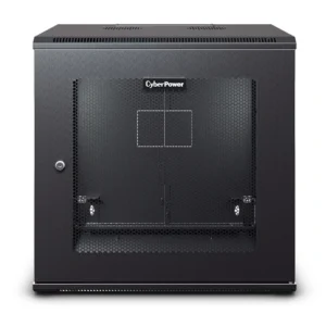Front view of a 12U wall-mount enclosure featuring a lockable, reversible hex-perforated metal door for maximum airflow.