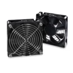 Front view of a wall-mount rack roof fan kit showing dual high-velocity fans protected by metal safety guards.