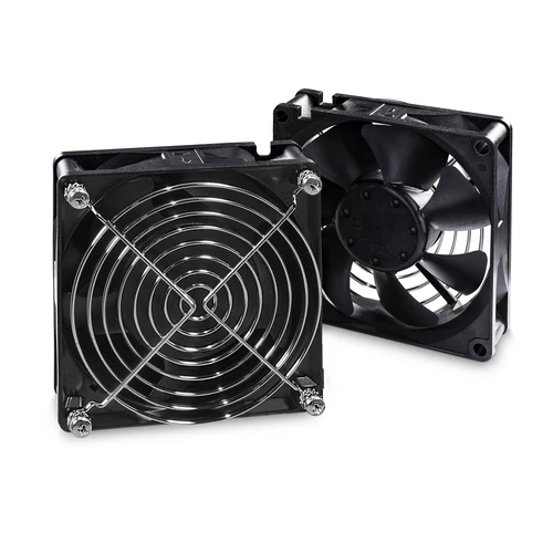 Front view of a wall-mount rack roof fan kit showing dual high-velocity fans protected by metal safety guards.