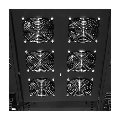 Front view of a 22-inch black roof fan panel featuring six high-performance circular cooling fans protected by metal wire guards.