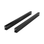 Front view of a 0U vertical cable manager featuring a vertical duct with a snap-on cover for organizing high-density cabling.