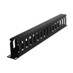 Front view of a 1U horizontal cable manager featuring a sturdy metal duct with a removable hinged cover for organized cable concealment.