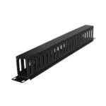 Front view of a 1U horizontal cable manager with a removable plastic cover revealing a spacious duct for cable routing.