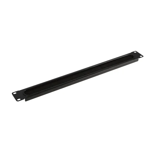 Front view of a 19-inch 1U brush panel showing the high-density black nylon bristles for cable management.