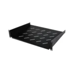 Front view of a 2U cantilever rack shelf in black, showing the 16-inch deep ventilated steel surface.