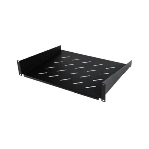 Front view of a 2U cantilever rack shelf in black, showing the 16-inch deep ventilated steel surface.