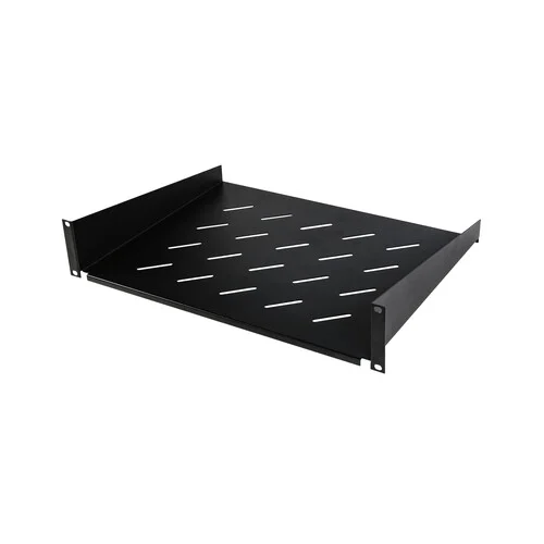 Front view of a 2U cantilever rack shelf in black, showing the 16-inch deep ventilated steel surface.