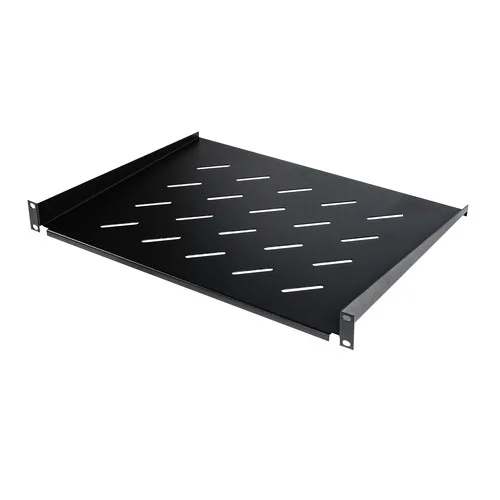 Front view of a 1U cantilever rack shelf in black, showing the 10-inch deep ventilated flat surface for non-rackmount gear.