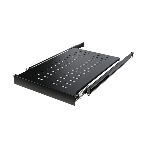 Front view of a 1U sliding rack shelf in a black finish, designed for standard 19-inch equipment racks.