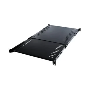 Front view of a 1U heavy-duty rack shelf made of cold-rolled steel with a 135-lb weight capacity.
