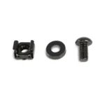 Front view of the 50-pack M6 cage nut and screw kit showing the black finished hardware in organized packaging.