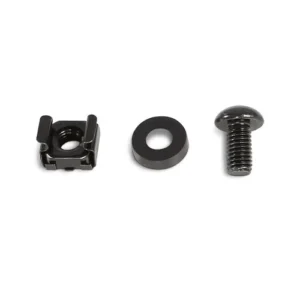 Front view of the 50-pack M6 cage nut and screw kit showing the black finished hardware in organized packaging.