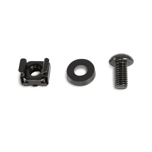 Front view of the 50-pack M6 cage nut and screw kit showing the black finished hardware in organized packaging.