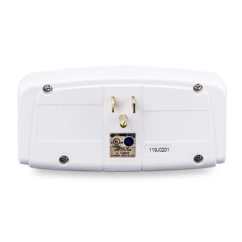 Rear view showing the integrated 3-prong NEMA 5-15P plug designed to sit flush against a wall outlet.