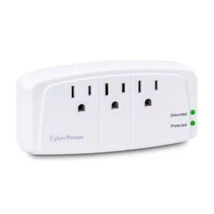 Front view of a white wall-tap surge protector featuring 3 AC outlets and 900 Joules of electrical protection.