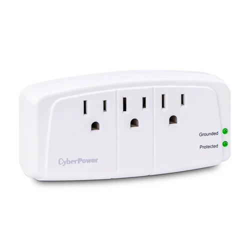 Front view of a white wall-tap surge protector featuring 3 AC outlets and 900 Joules of electrical protection.