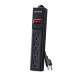 Front view of CyberPower Essential surge protector featuring 4 NEMA 5-15R outlets in a compact 1-row layout.