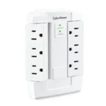 Front view of a white wall-tap surge protector featuring 6 outlets and 900 Joules of protection in a compact housing.