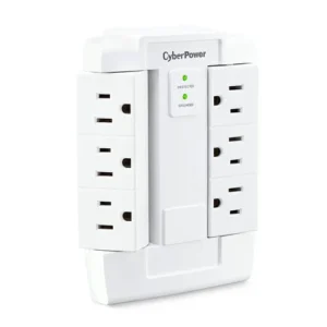 Front view of a white wall-tap surge protector featuring 6 outlets and 900 Joules of protection in a compact housing.