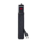Front view of a black 6-outlet essential surge protector strip featuring a heavy-duty 12-foot power cord and master switch.