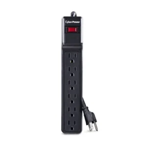 Front view of a black 6-outlet essential surge protector strip featuring a heavy-duty 12-foot power cord and master switch.